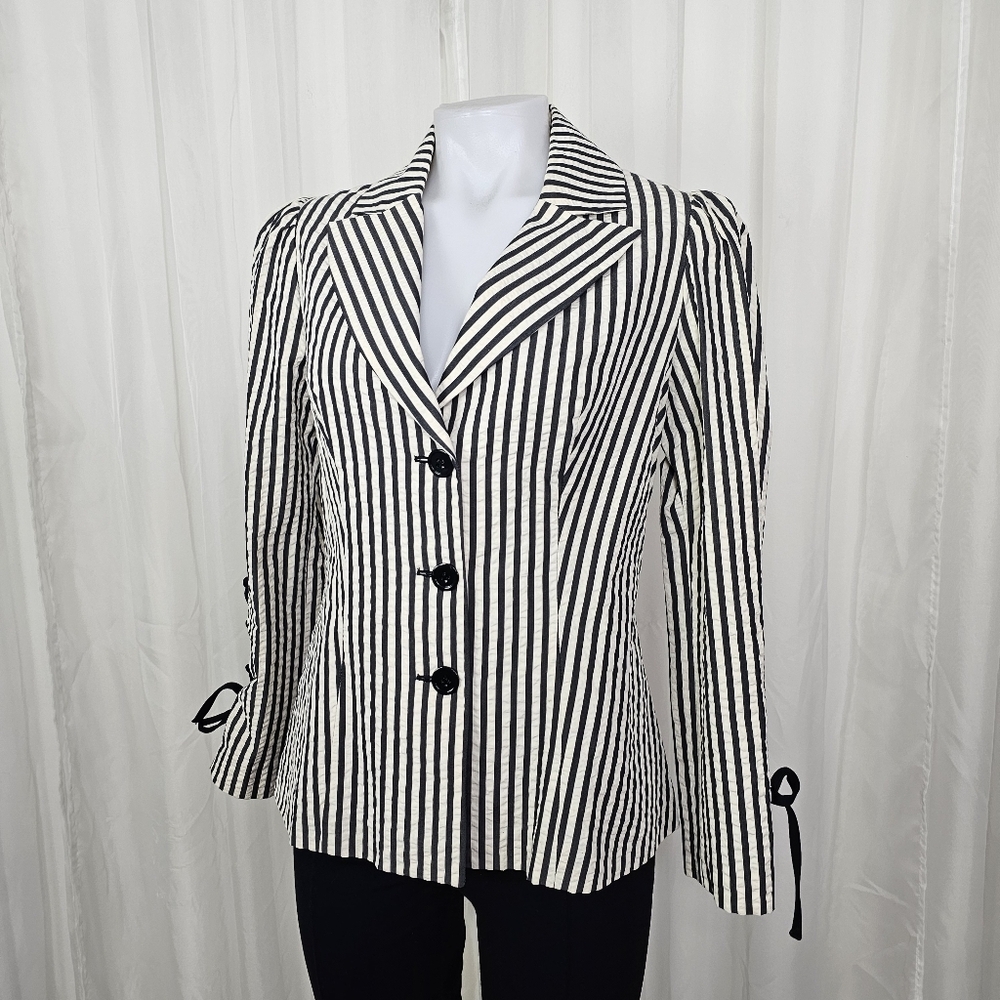 Lydia DelGado Pin Up Gray and White Stripe Seersucker Blazer Black Lace Sleeve